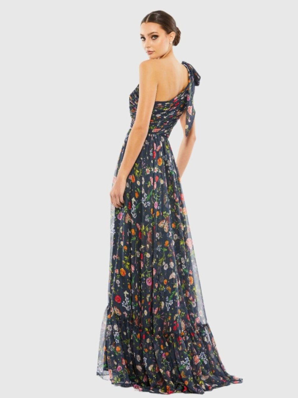 MAC DUGGAL Size 0 Navy 67938 Floral Tied One Shoulder Cut-Out Flowy Gown Dress - Picture 3 of 14